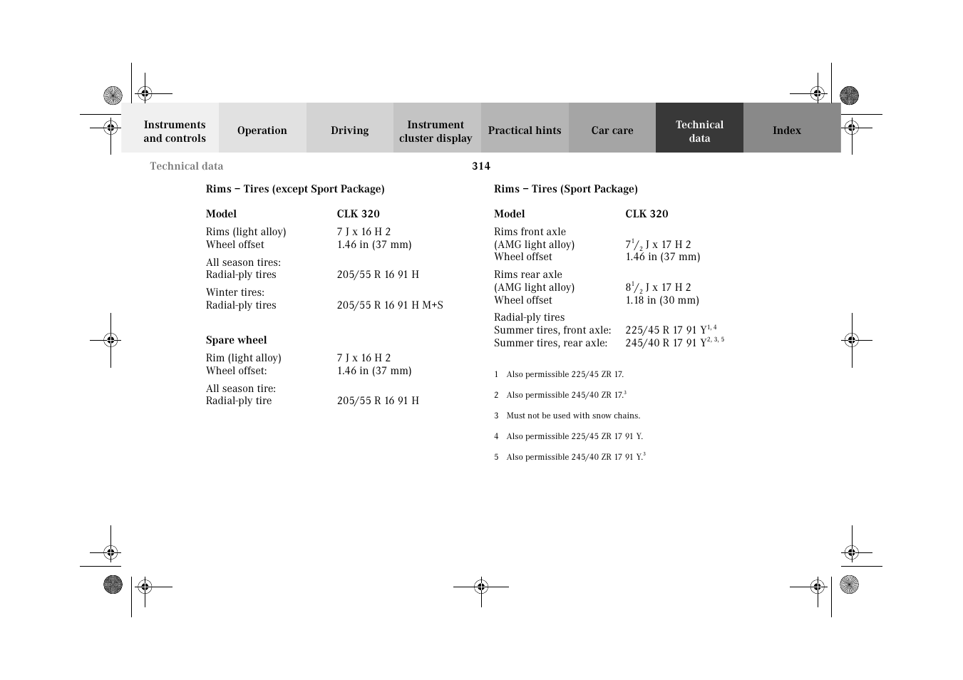 Technical data:rims and tires | Mercedes-Benz 2002 CLK 320  EN User Manual | Page 317 / 346