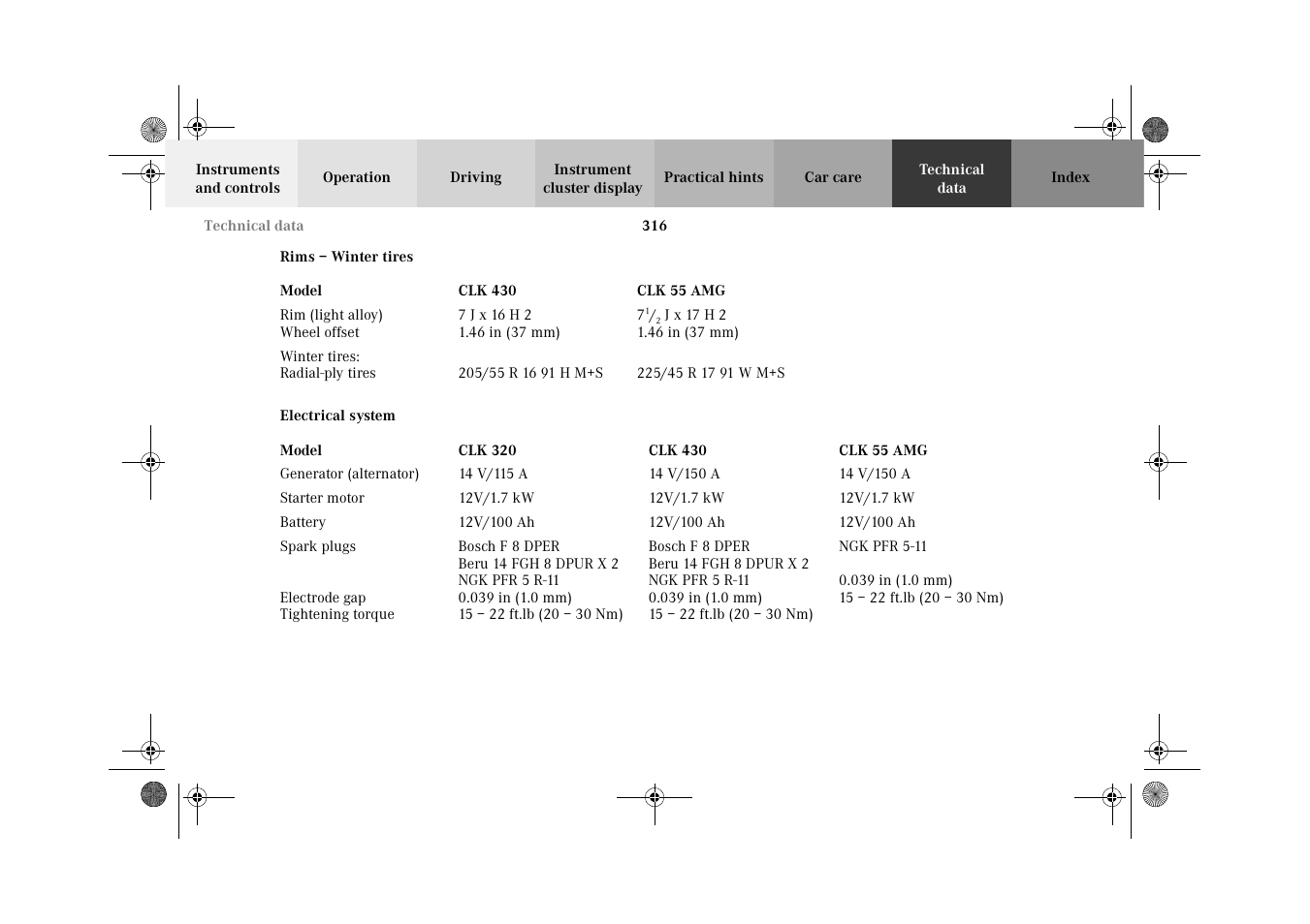 Rims – winter tires, Technical data:electrical system | Mercedes-Benz 2002 CLK 320  EN User Manual | Page 319 / 346