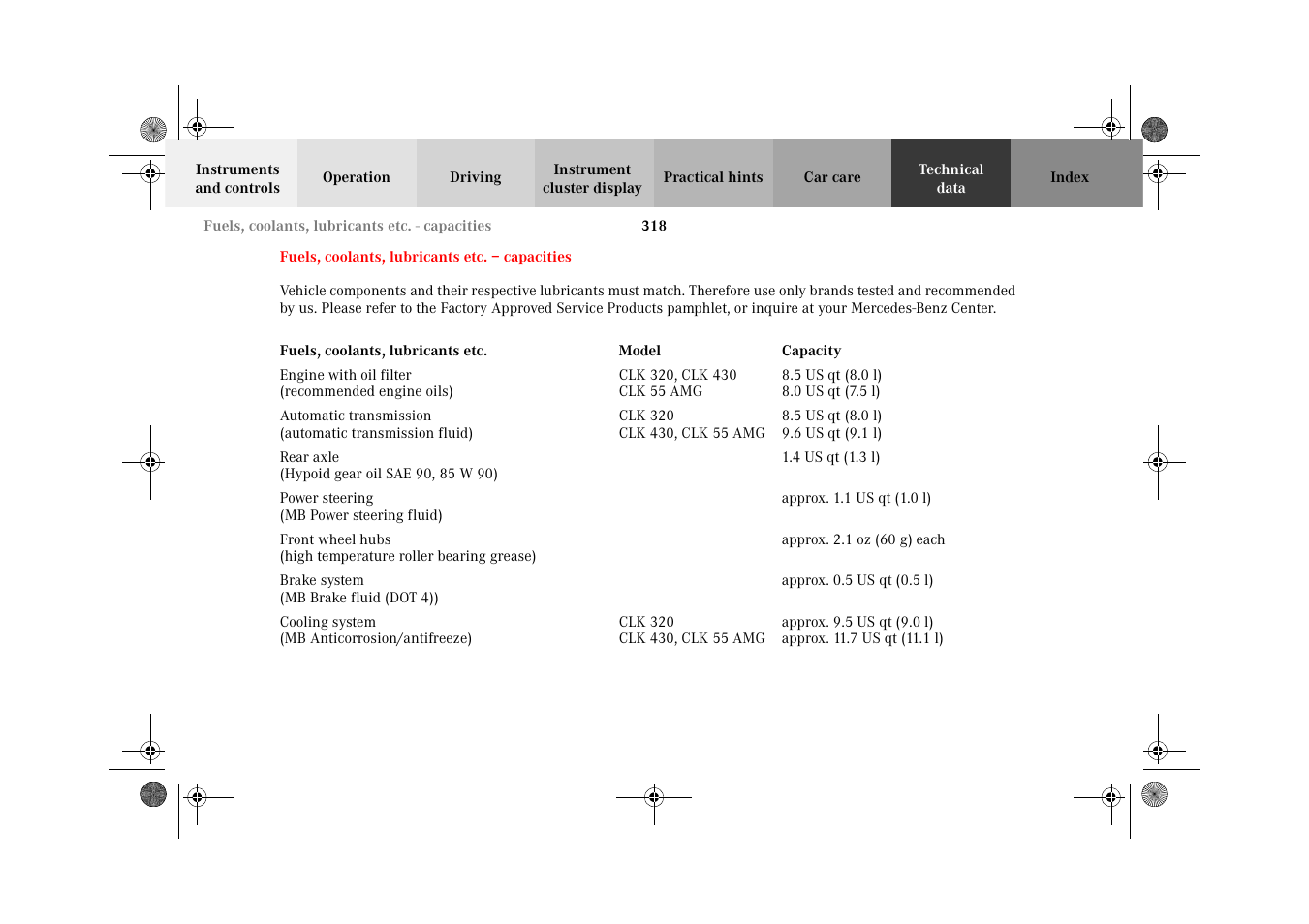 Fuels, coolants, lubricants etc. – capacities, Fuels, coolants, lubricants etc, Capacities | Mercedes-Benz 2002 CLK 320  EN User Manual | Page 321 / 346