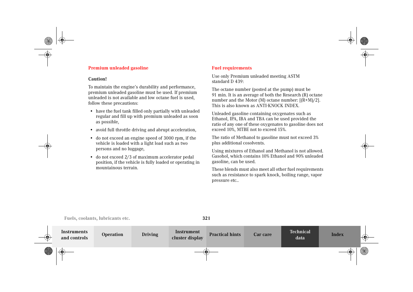 Premium unleaded gasoline, Fuel requirements, Premium unleaded | Gasoline | Mercedes-Benz 2002 CLK 320  EN User Manual | Page 324 / 346