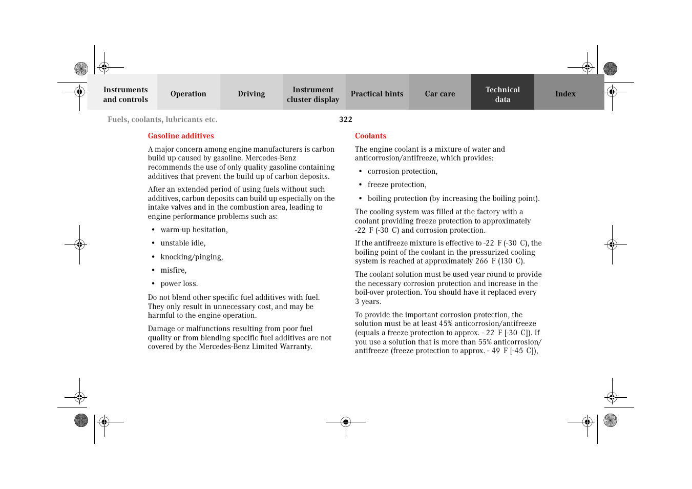 Gasoline additives, Coolants, Gasoline additives coolants | Mercedes-Benz 2002 CLK 320  EN User Manual | Page 325 / 346