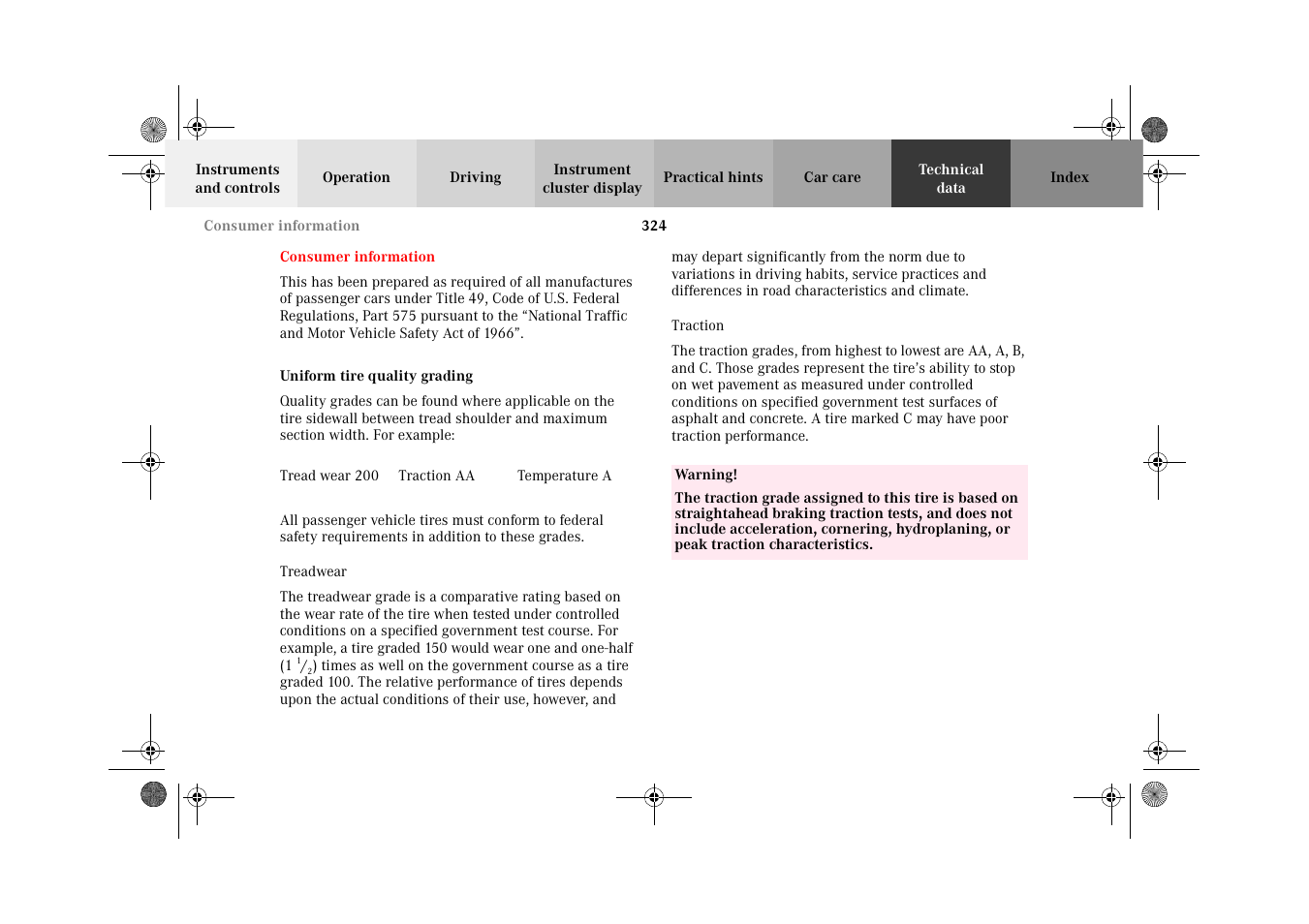 Consumer information, Uniform tire quality grading | Mercedes-Benz 2002 CLK 320  EN User Manual | Page 327 / 346
