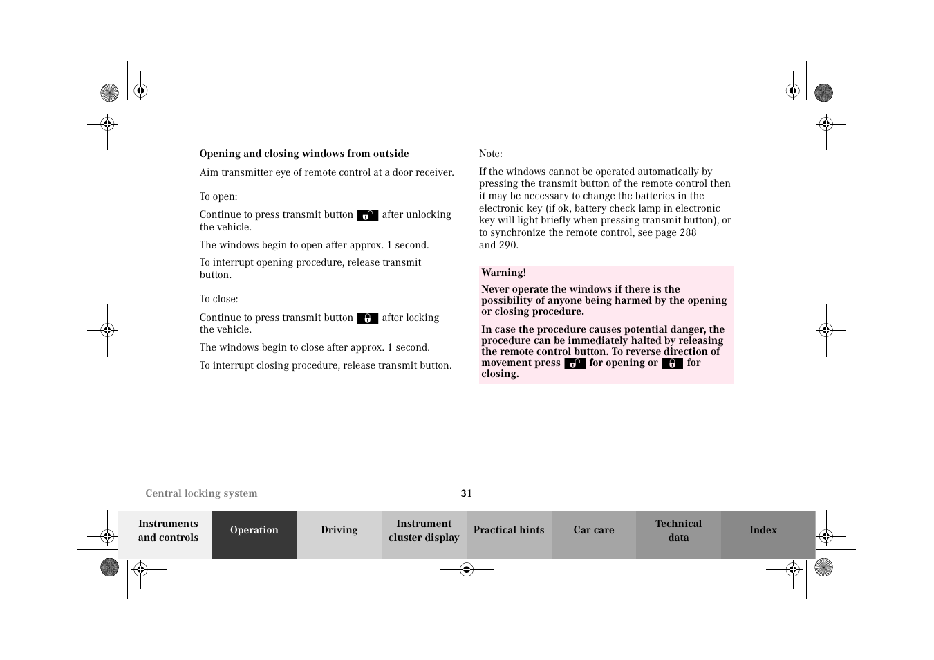 Power windows:opening and closing, Opening and closing windows from outside | Mercedes-Benz 2002 CLK 320  EN User Manual | Page 34 / 346