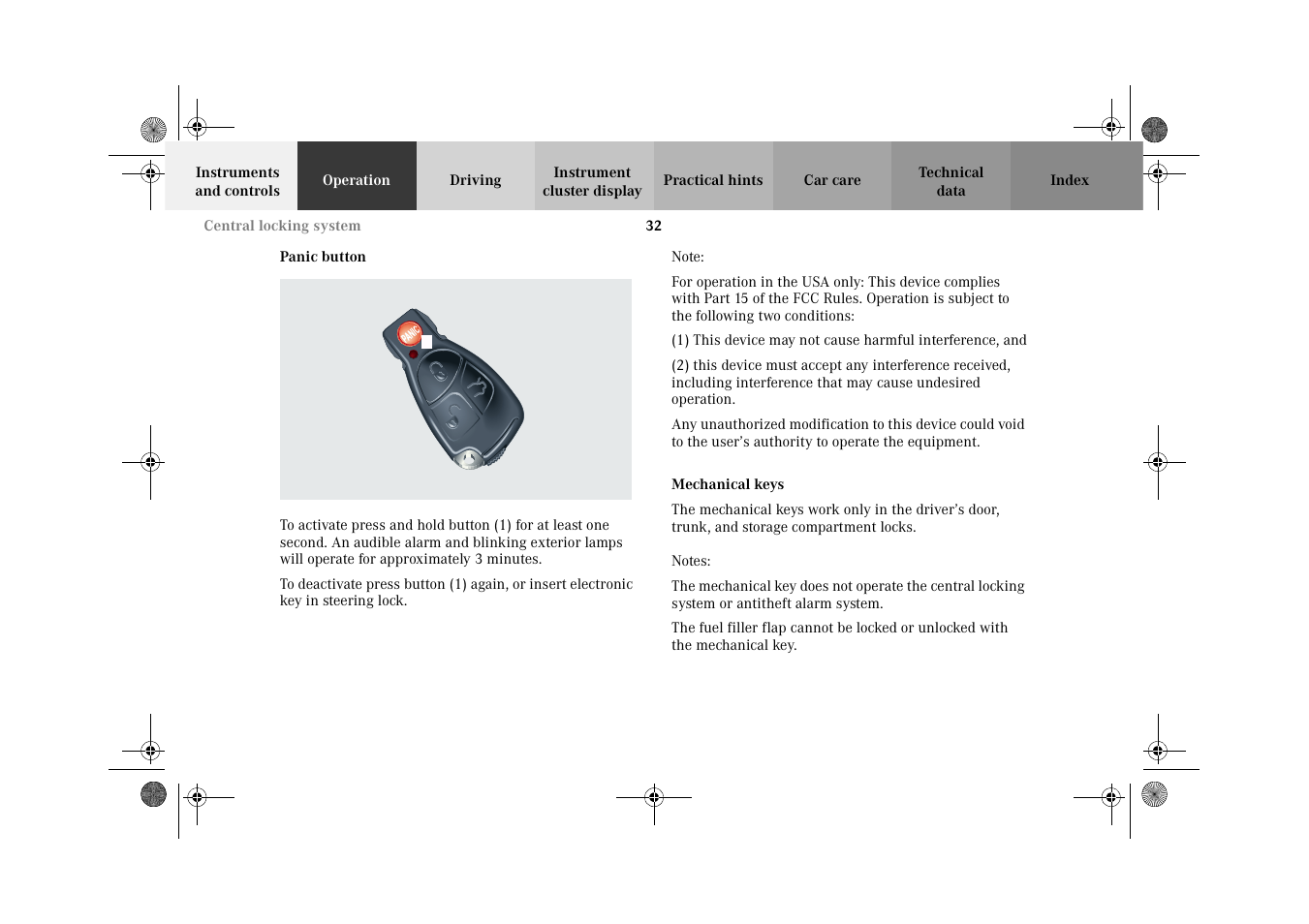 Panic button, Central locking system:mechanical keys, Panic button mechanical keys | Mercedes-Benz 2002 CLK 320  EN User Manual | Page 35 / 346