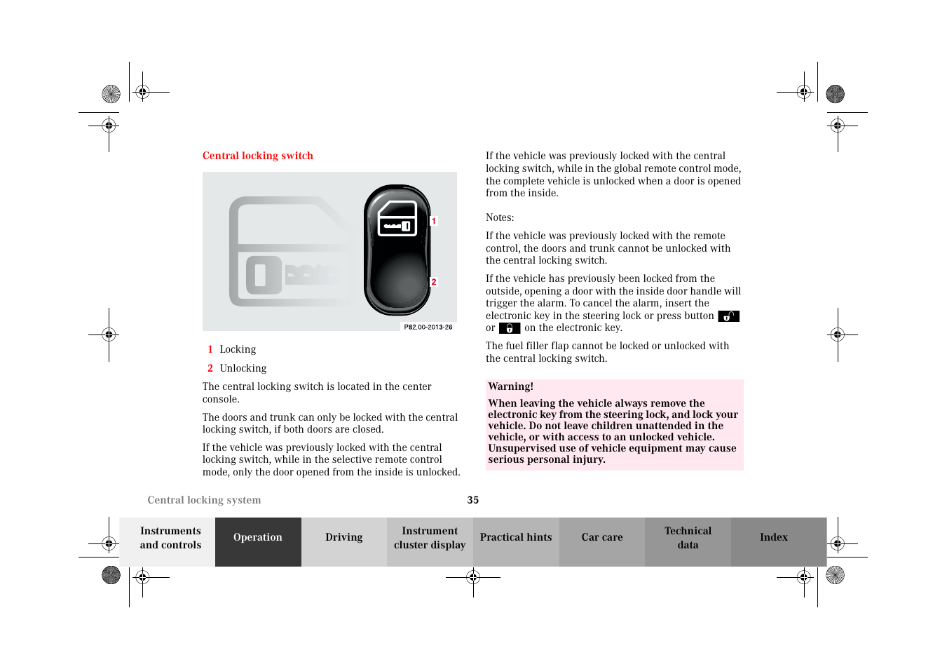 Central locking switch | Mercedes-Benz 2002 CLK 320  EN User Manual | Page 38 / 346