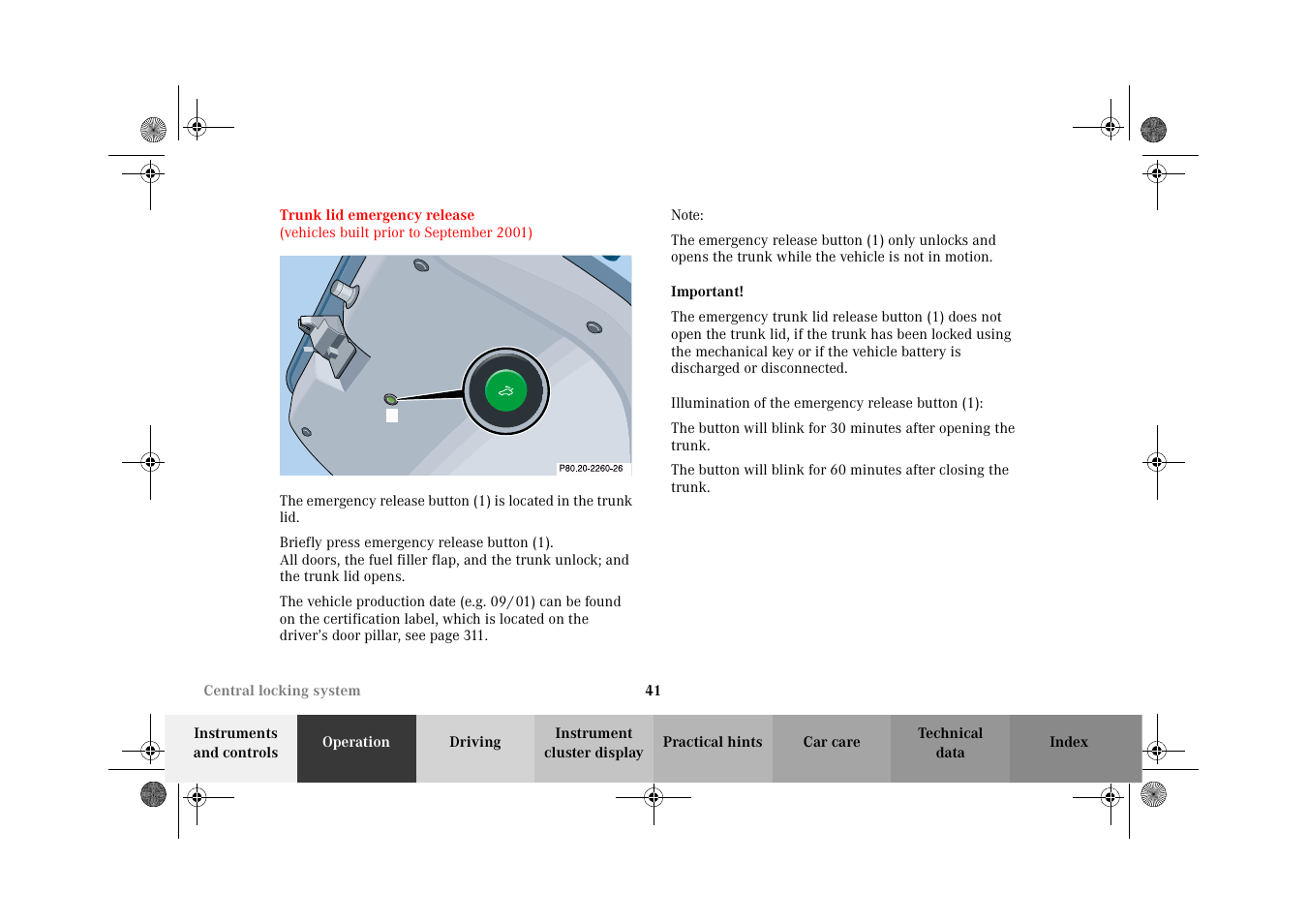 Trunk lid emergency release | Mercedes-Benz 2002 CLK 320  EN User Manual | Page 44 / 346