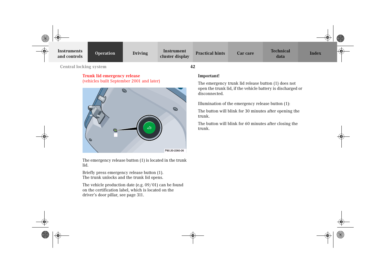 Trunk lid emergency release | Mercedes-Benz 2002 CLK 320  EN User Manual | Page 45 / 346