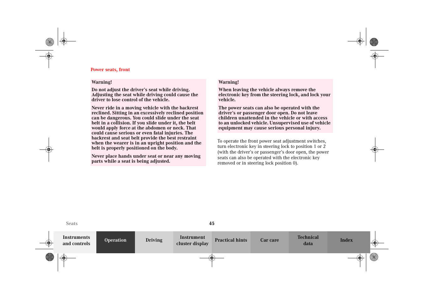 Power seats, front | Mercedes-Benz 2002 CLK 320  EN User Manual | Page 48 / 346