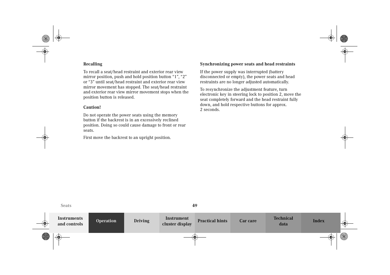 Synchronizing power seats and head restraints | Mercedes-Benz 2002 CLK 320  EN User Manual | Page 52 / 346