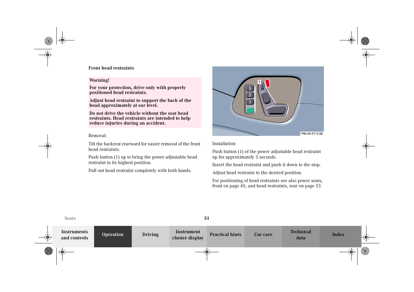 Head restraints:front, Front head restraints | Mercedes-Benz 2002 CLK 320  EN User Manual | Page 54 / 346