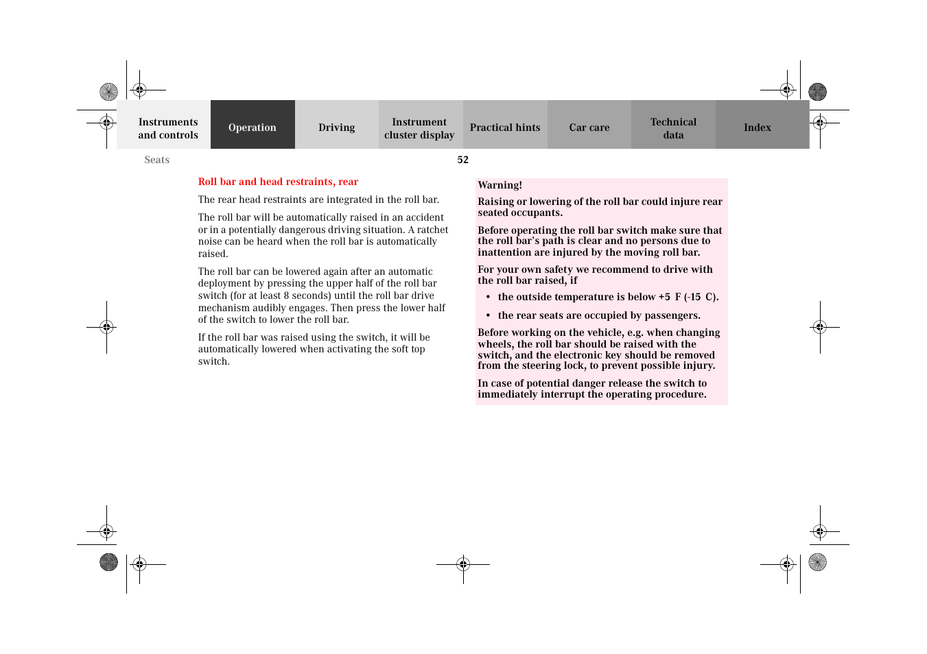 Head restraints:rear, Roll bar and head, Restraints, rear | Mercedes-Benz 2002 CLK 320  EN User Manual | Page 55 / 346