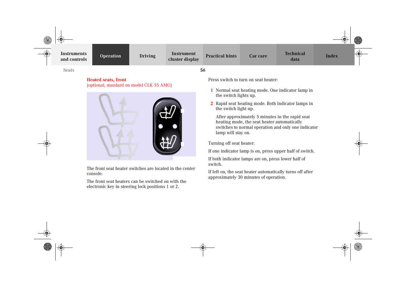 Heated seats | Mercedes-Benz 2002 CLK 320  EN User Manual | Page 59 / 346