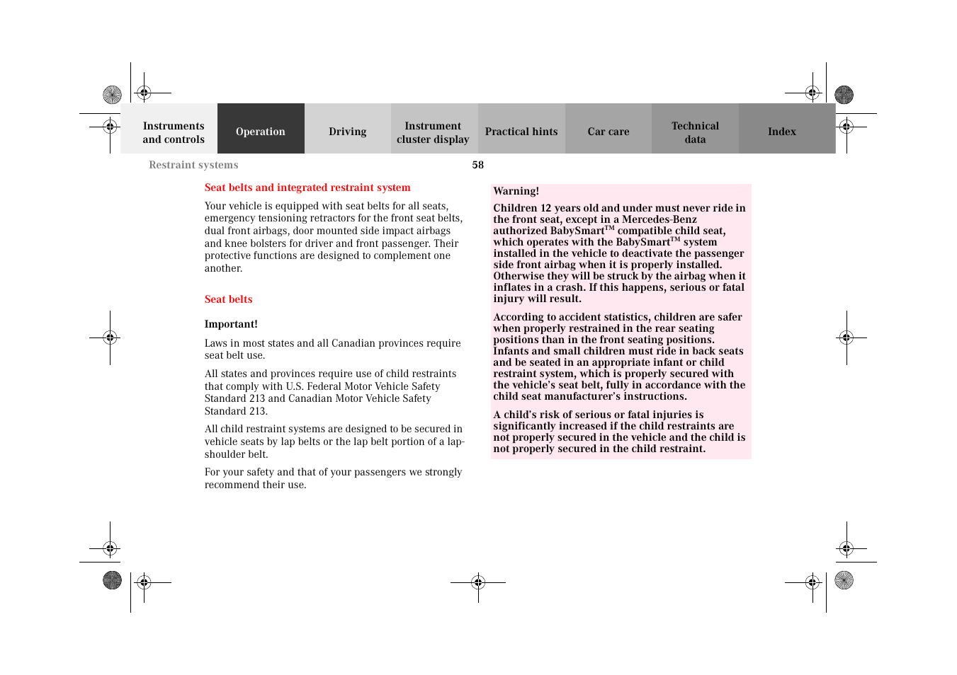 Seat belts and supplemental restraint system (srs), Seat belts, Seat belts and integrated | Restraint system | Mercedes-Benz 2002 CLK 320  EN User Manual | Page 61 / 346