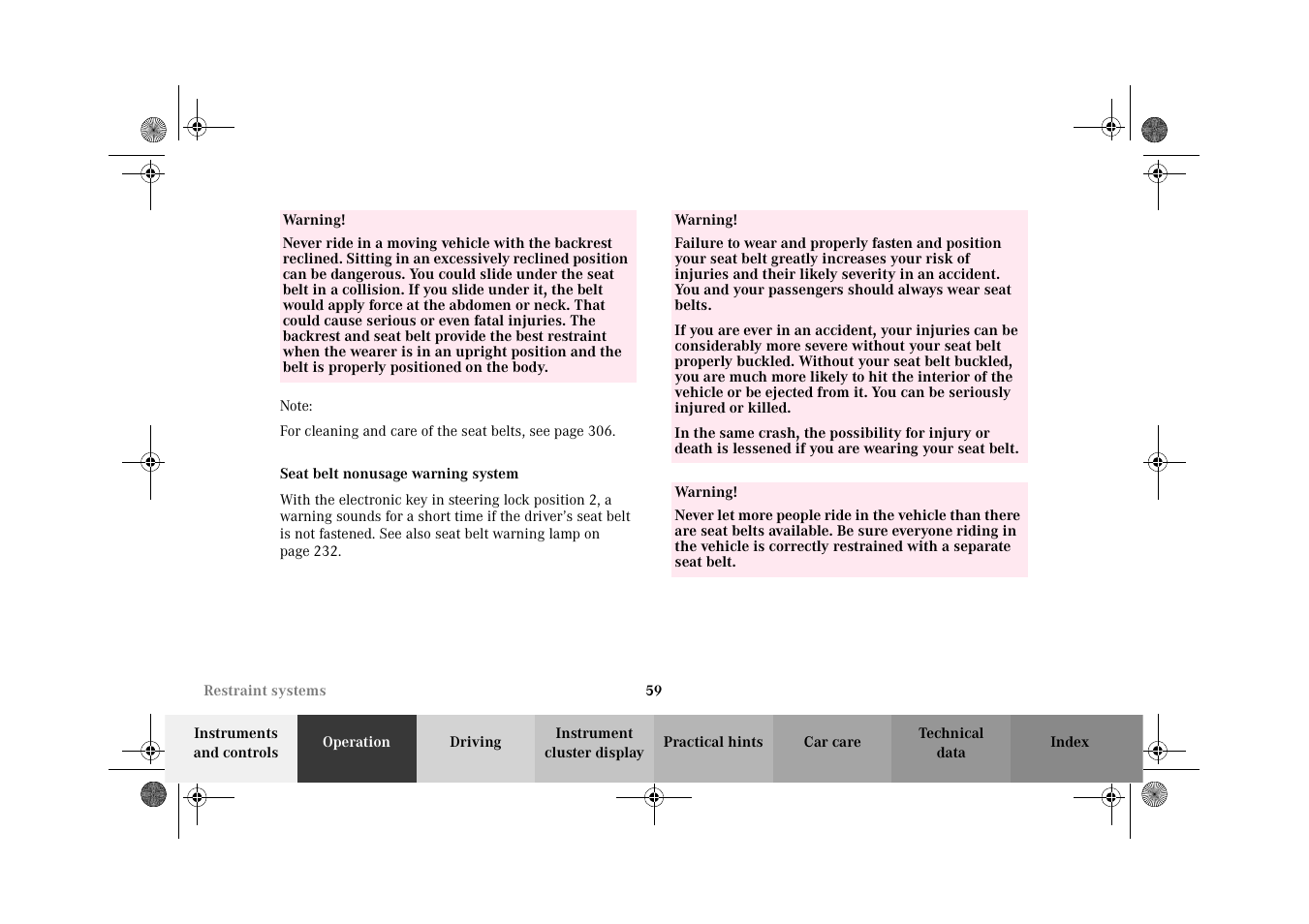 Seat belt nonusage warning system | Mercedes-Benz 2002 CLK 320  EN User Manual | Page 62 / 346
