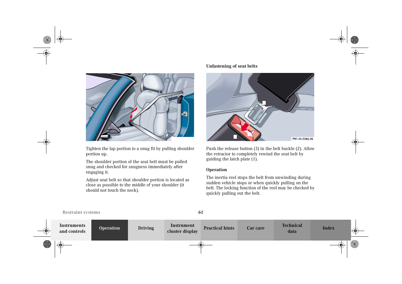 Seat belts:unfastening | Mercedes-Benz 2002 CLK 320  EN User Manual | Page 64 / 346