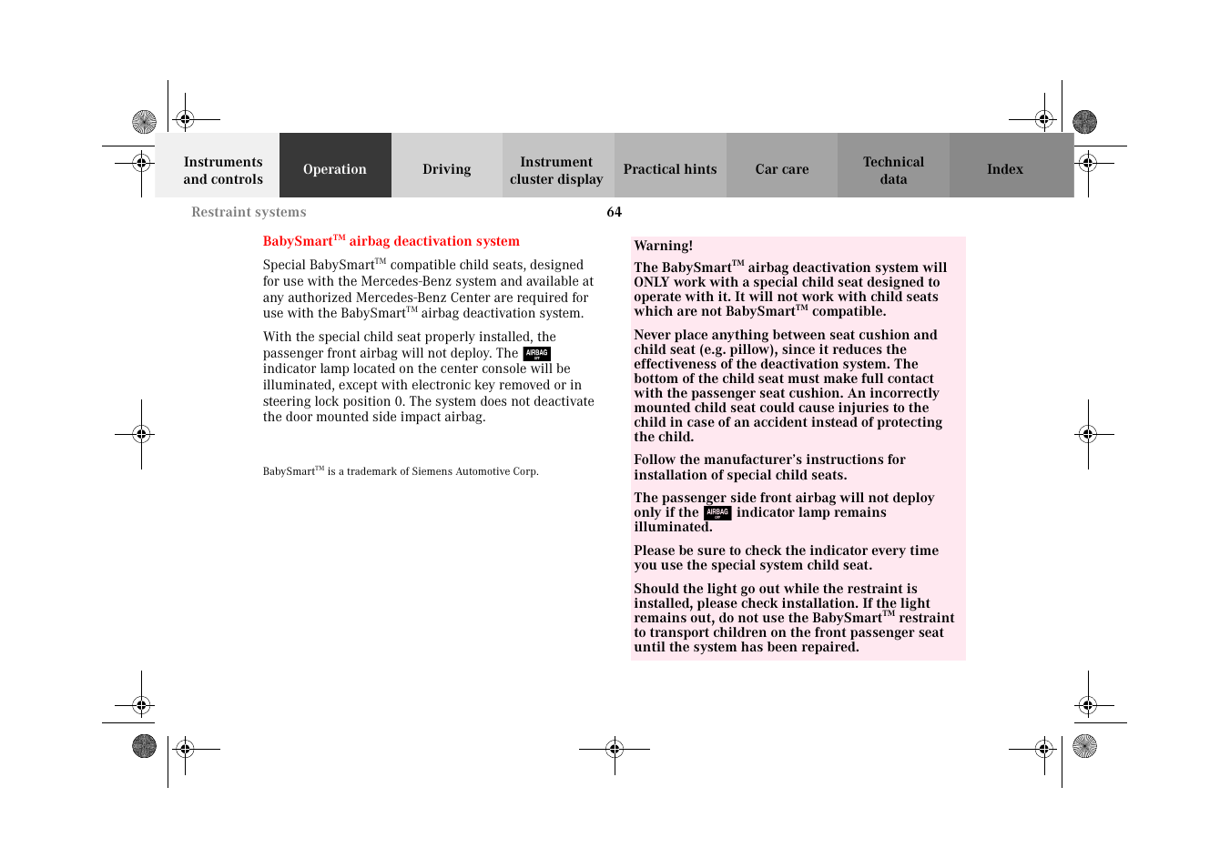 Babysmarttm airbag deactivation system, Babysmart | Mercedes-Benz 2002 CLK 320  EN User Manual | Page 67 / 346