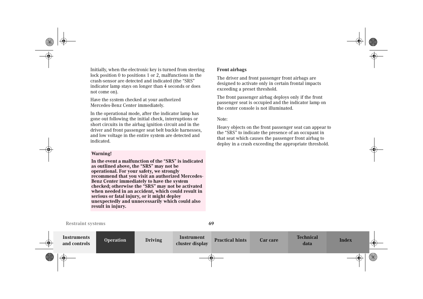 Front airbags | Mercedes-Benz 2002 CLK 320  EN User Manual | Page 72 / 346
