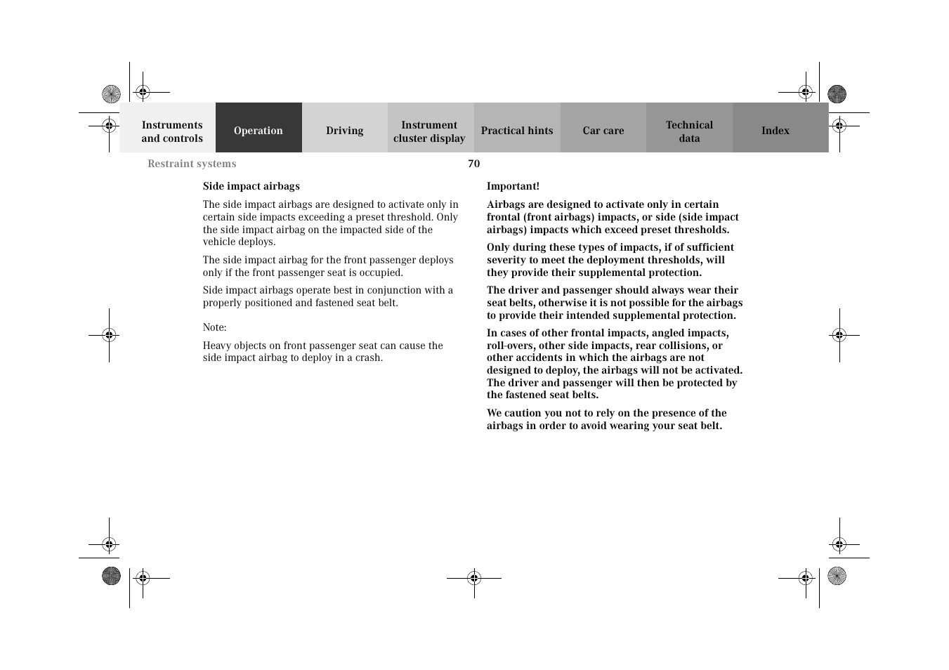 Side impact airbags | Mercedes-Benz 2002 CLK 320  EN User Manual | Page 73 / 346