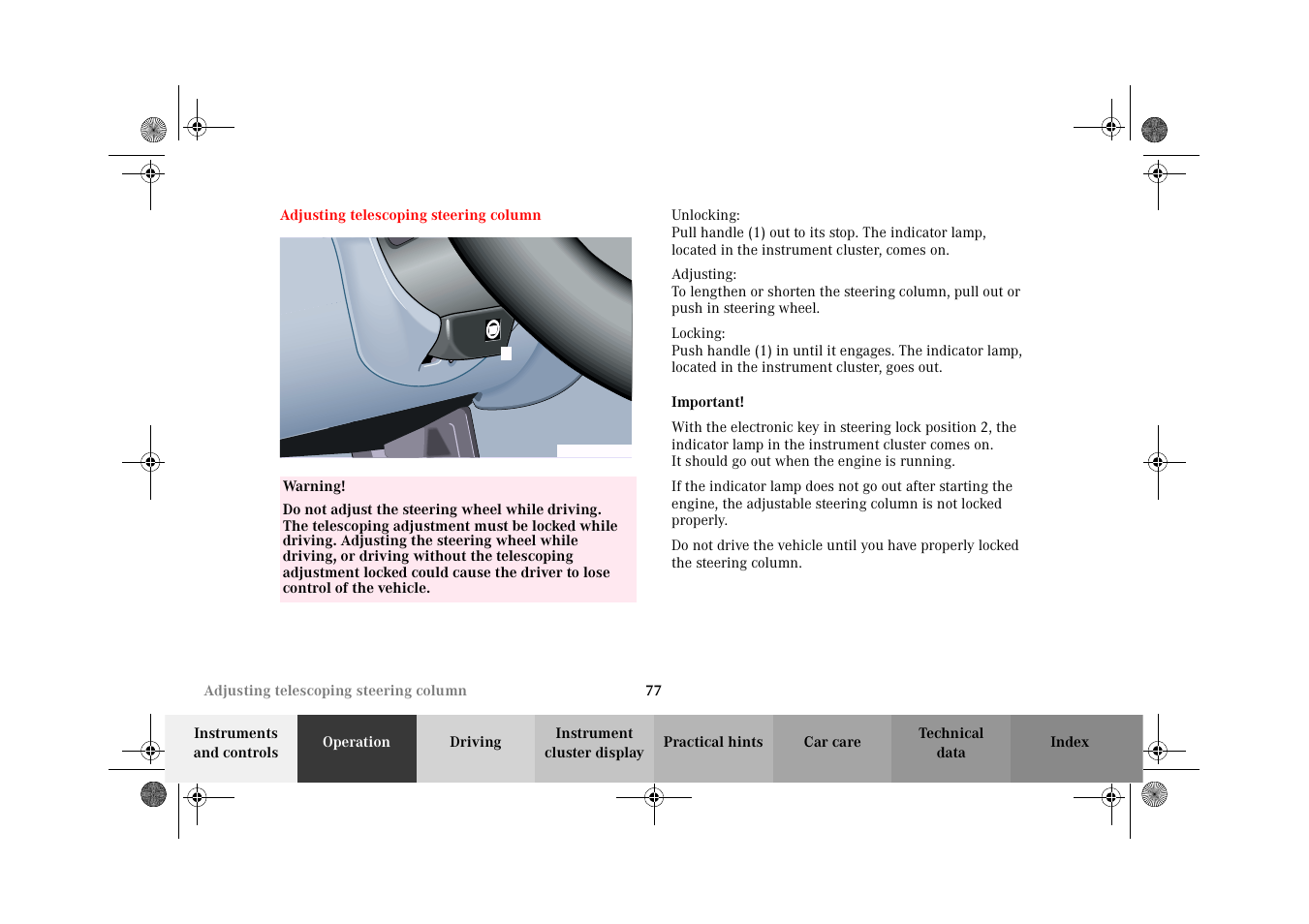 Adjusting telescoping steering column, Adjusting telescoping, Steering column | Mercedes-Benz 2002 CLK 320  EN User Manual | Page 80 / 346