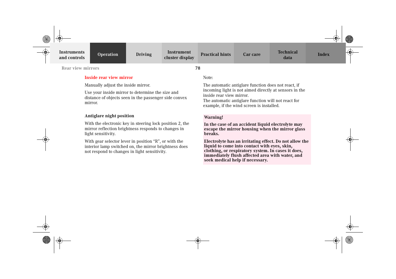 Rear view mirrors, Antiglare night position, Inside rear view mirror | Mercedes-Benz 2002 CLK 320  EN User Manual | Page 81 / 346