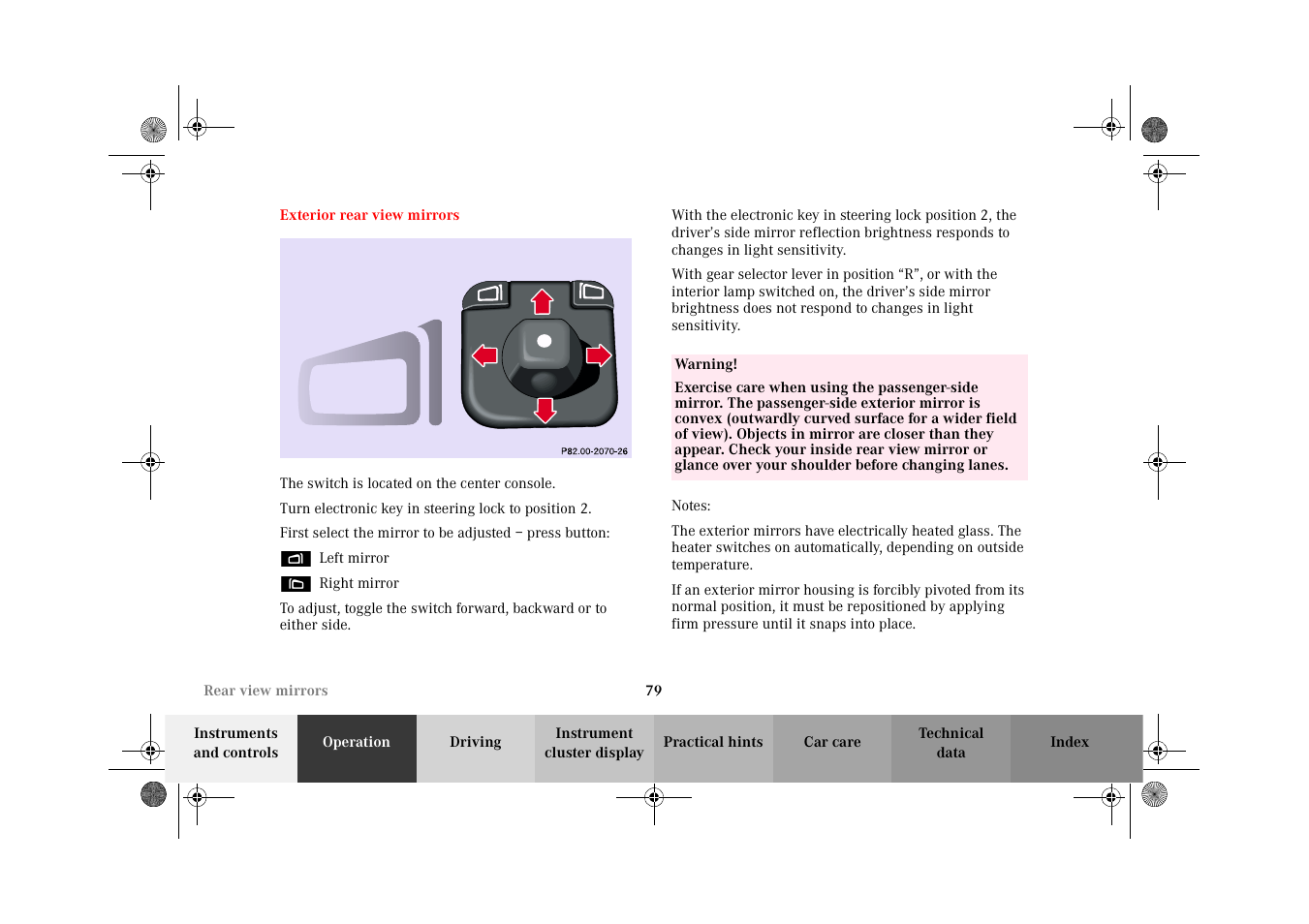 Rear view mirrors:exterior, Exterior rear view mirrors | Mercedes-Benz 2002 CLK 320  EN User Manual | Page 82 / 346