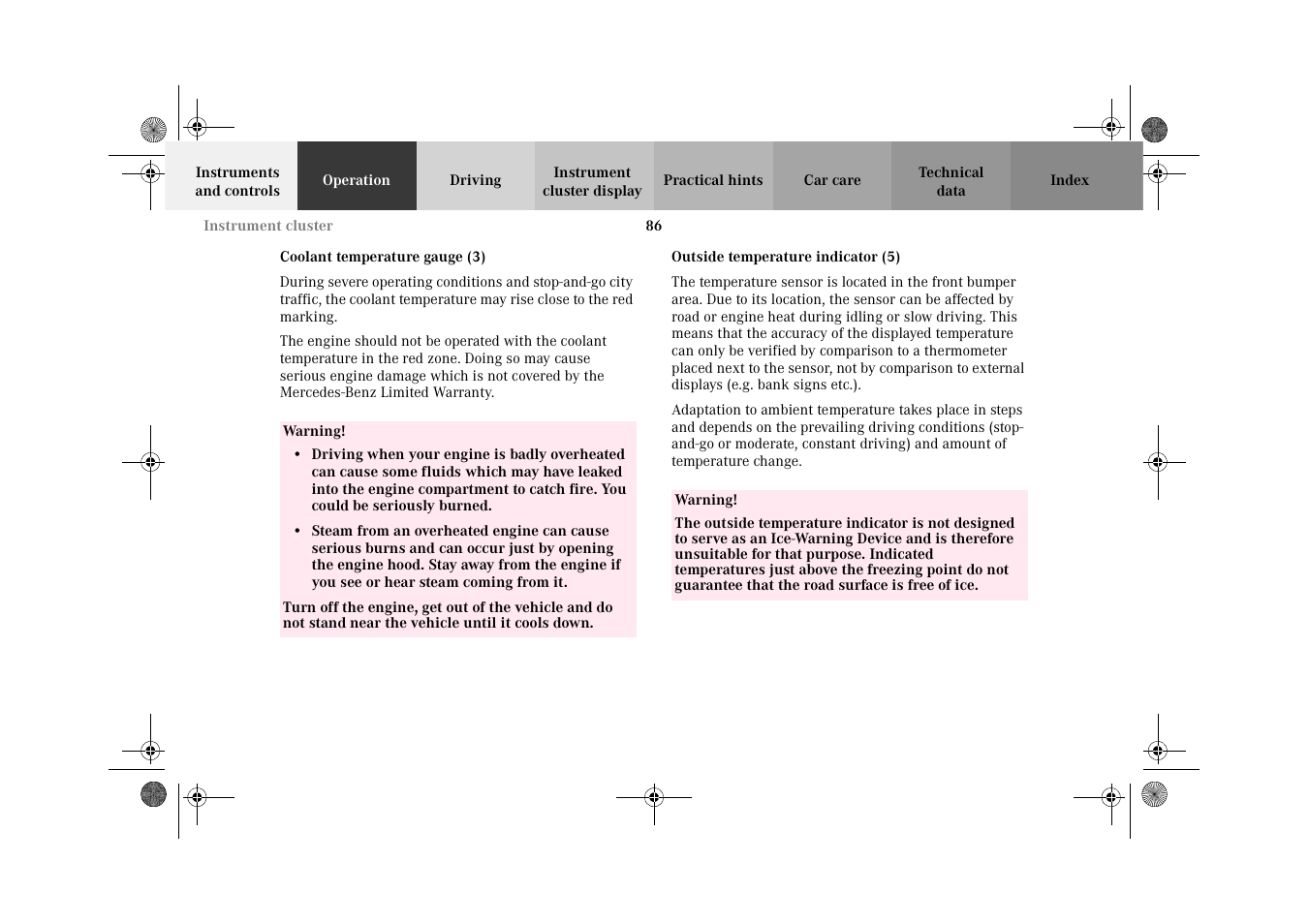 Coolant temperature gauge, Outside temperature indicator | Mercedes-Benz 2002 CLK 320  EN User Manual | Page 89 / 346
