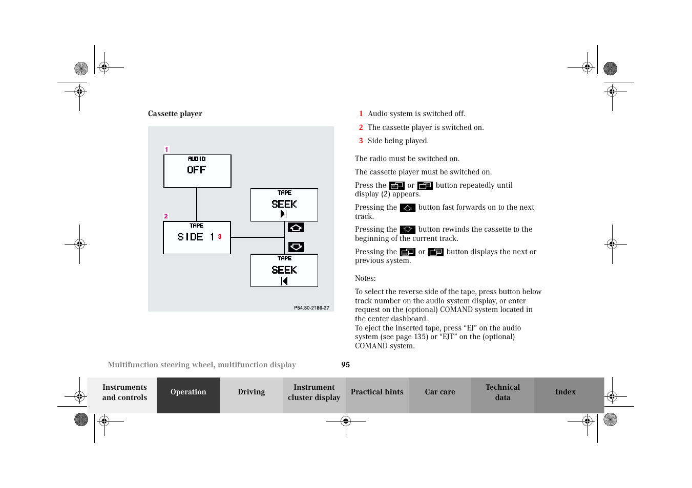 Audio systems:cassette player, Cassette player | Mercedes-Benz 2002 CLK 320  EN User Manual | Page 98 / 346