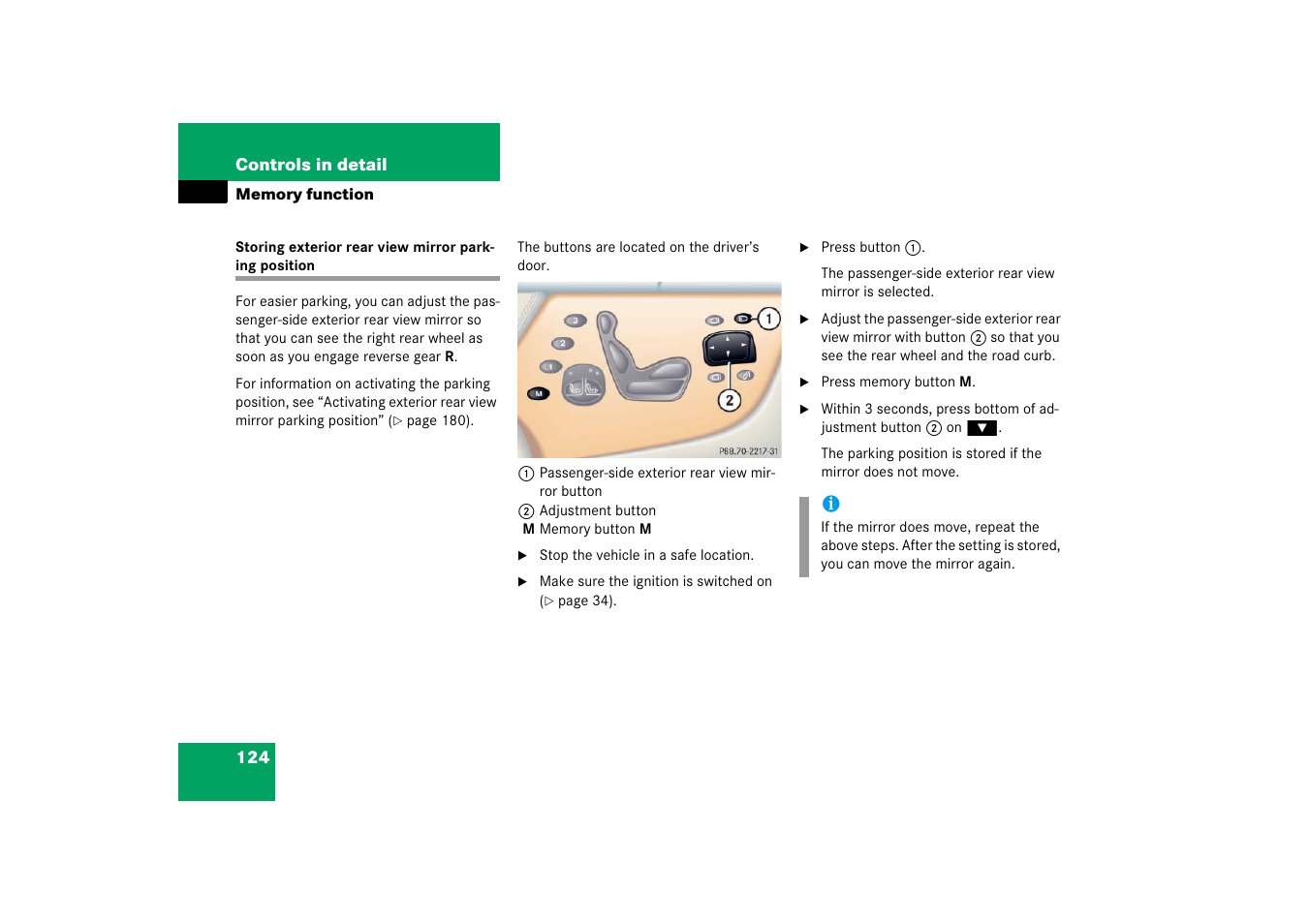 Storing exterior rear view mirror parking position | Mercedes-Benz 2006 CL 500 User Manual | Page 125 / 456