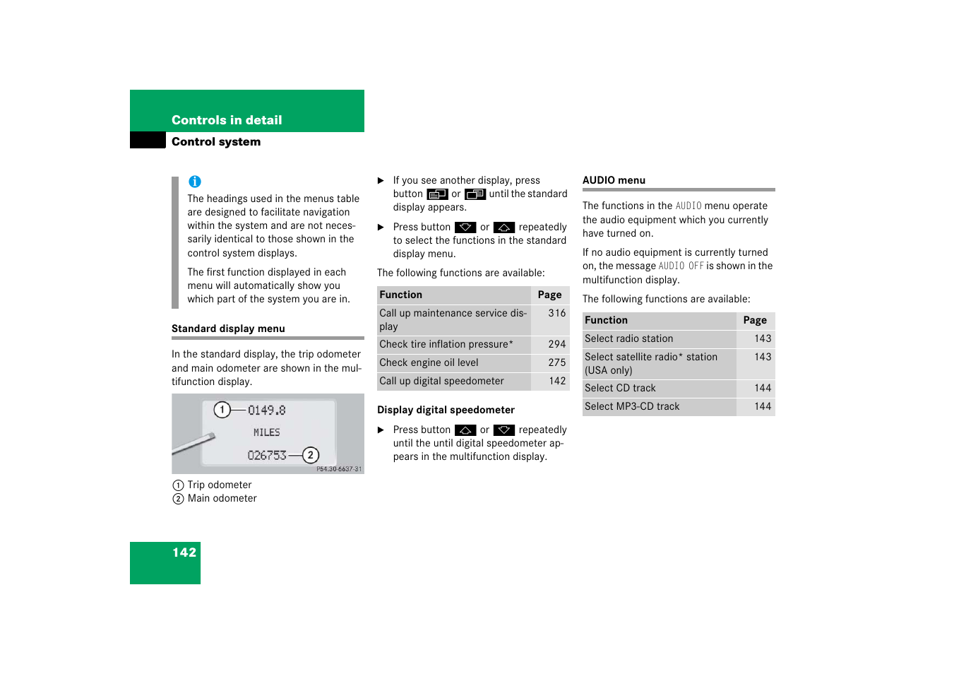 Control system menus:standard display, Control system menus:audio, Standard display menu audio menu | Mercedes-Benz 2006 CL 500 User Manual | Page 143 / 456