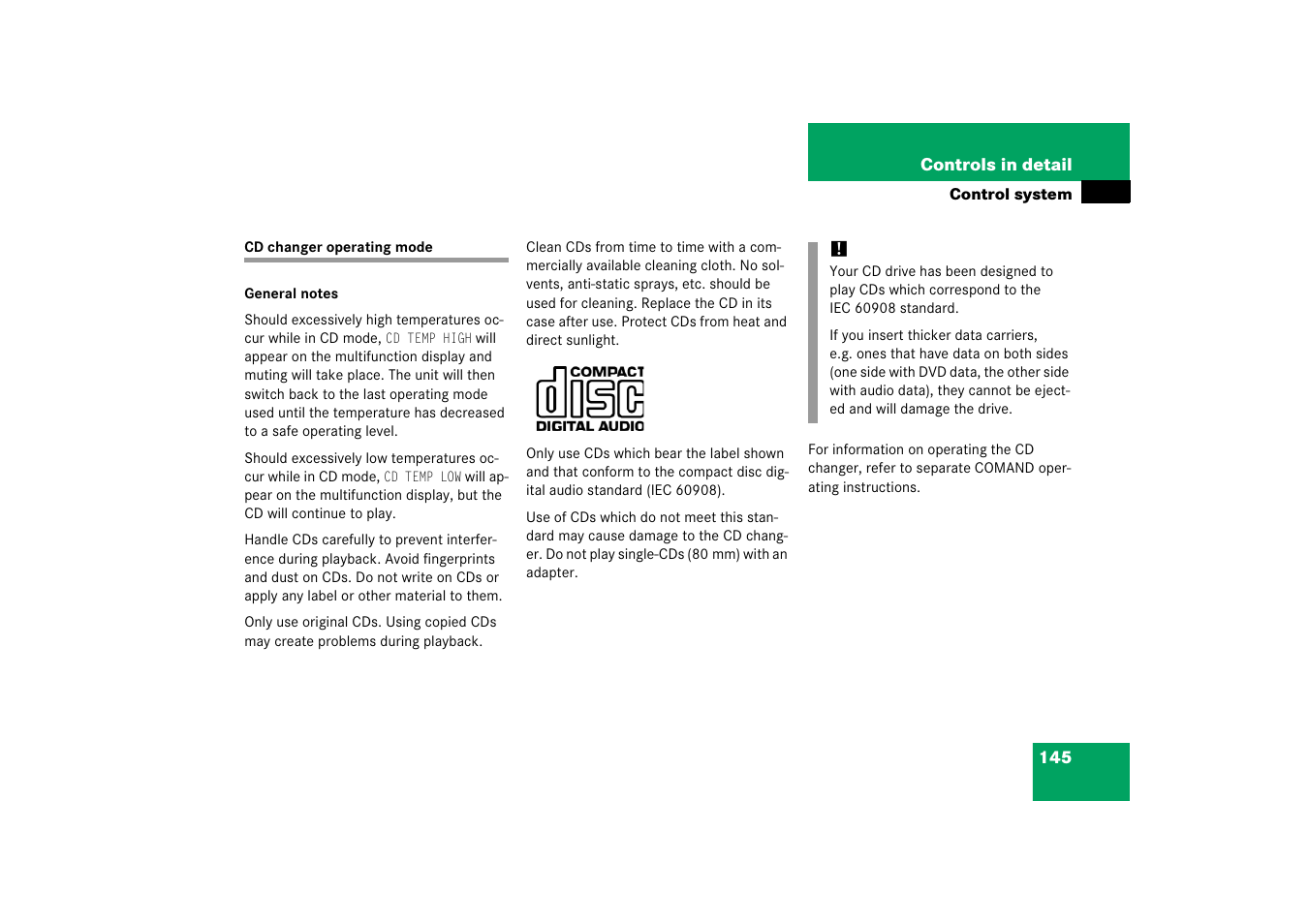 Audio system:cd changer operating mode, Cd changer operating mode | Mercedes-Benz 2006 CL 500 User Manual | Page 146 / 456