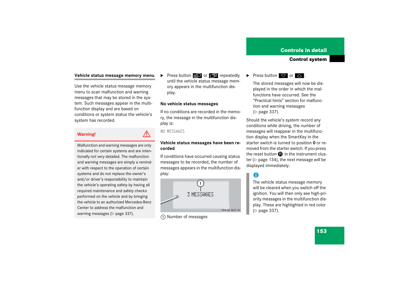 Control system menus:vehicle status message memory, Vehicle status message memory menu | Mercedes-Benz 2006 CL 500 User Manual | Page 154 / 456