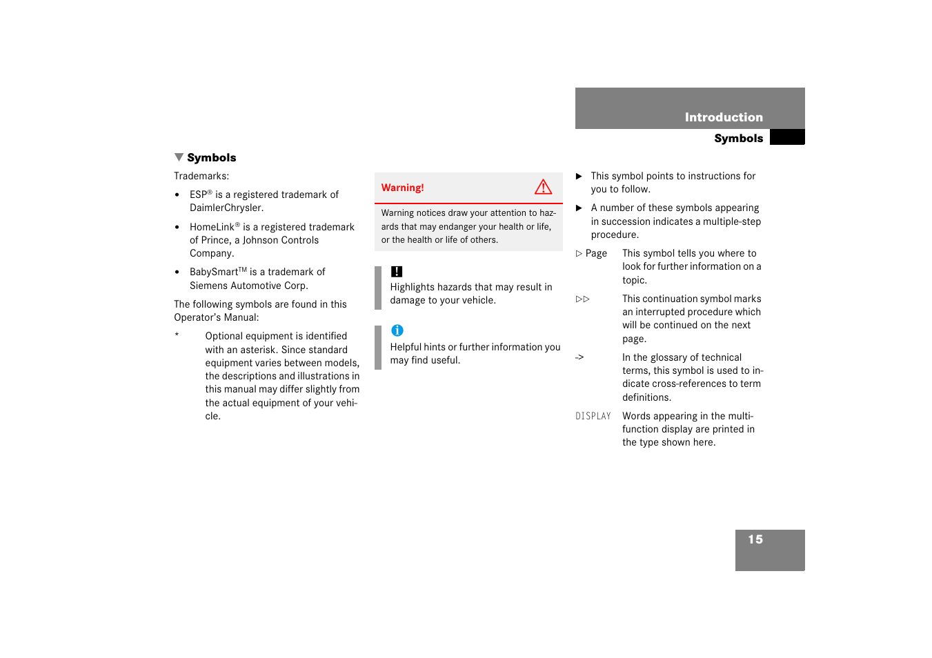 Symbols used in this operator’s manual, Symbols | Mercedes-Benz 2006 CL 500 User Manual | Page 16 / 456