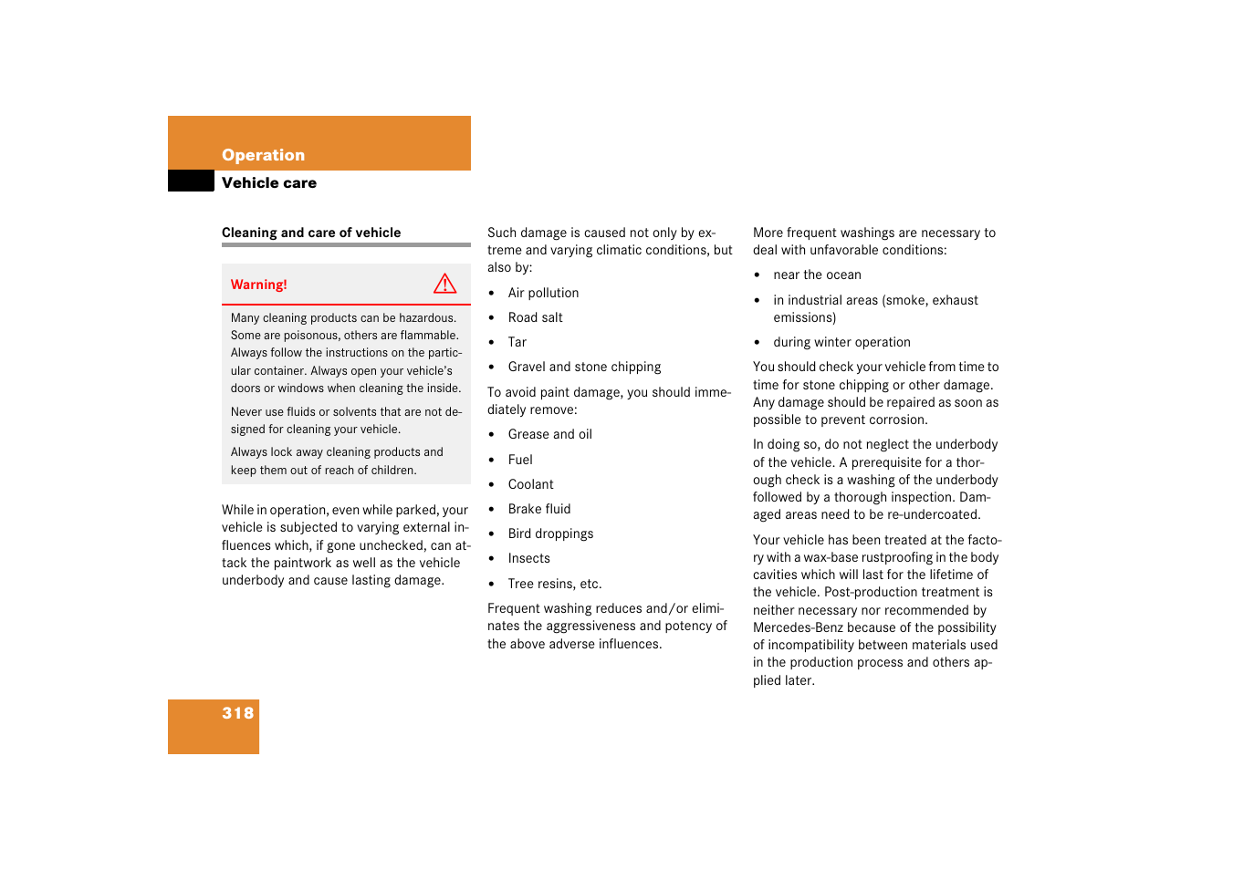 Vehicle:care, Washing the vehicle, Vehicle care | Cleaning and care of vehicle | Mercedes-Benz 2006 CL 500 User Manual | Page 319 / 456