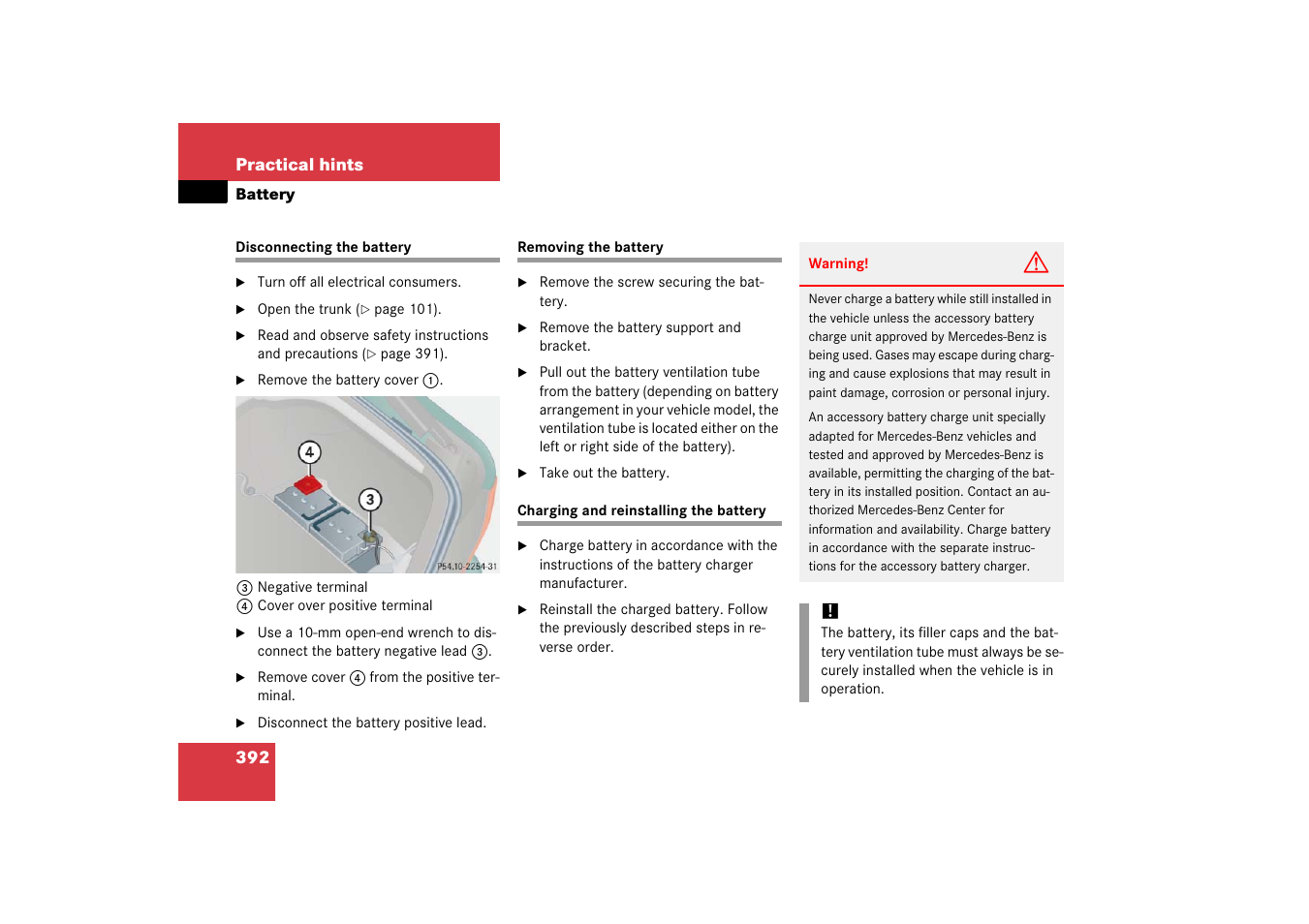 Battery, vehicle:disconnecting, Battery, vehicle:removing, Battery, vehicle:reinstalling | Mercedes-Benz 2006 CL 500 User Manual | Page 393 / 456