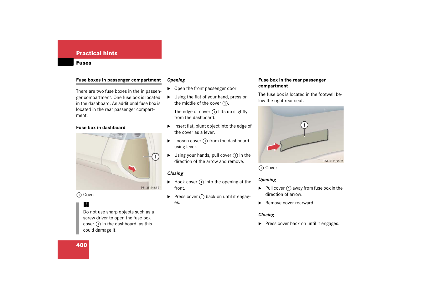 Fuses:fuse boxes in passenger compartment, Fuse boxes in passenger compartment | Mercedes-Benz 2006 CL 500 User Manual | Page 401 / 456