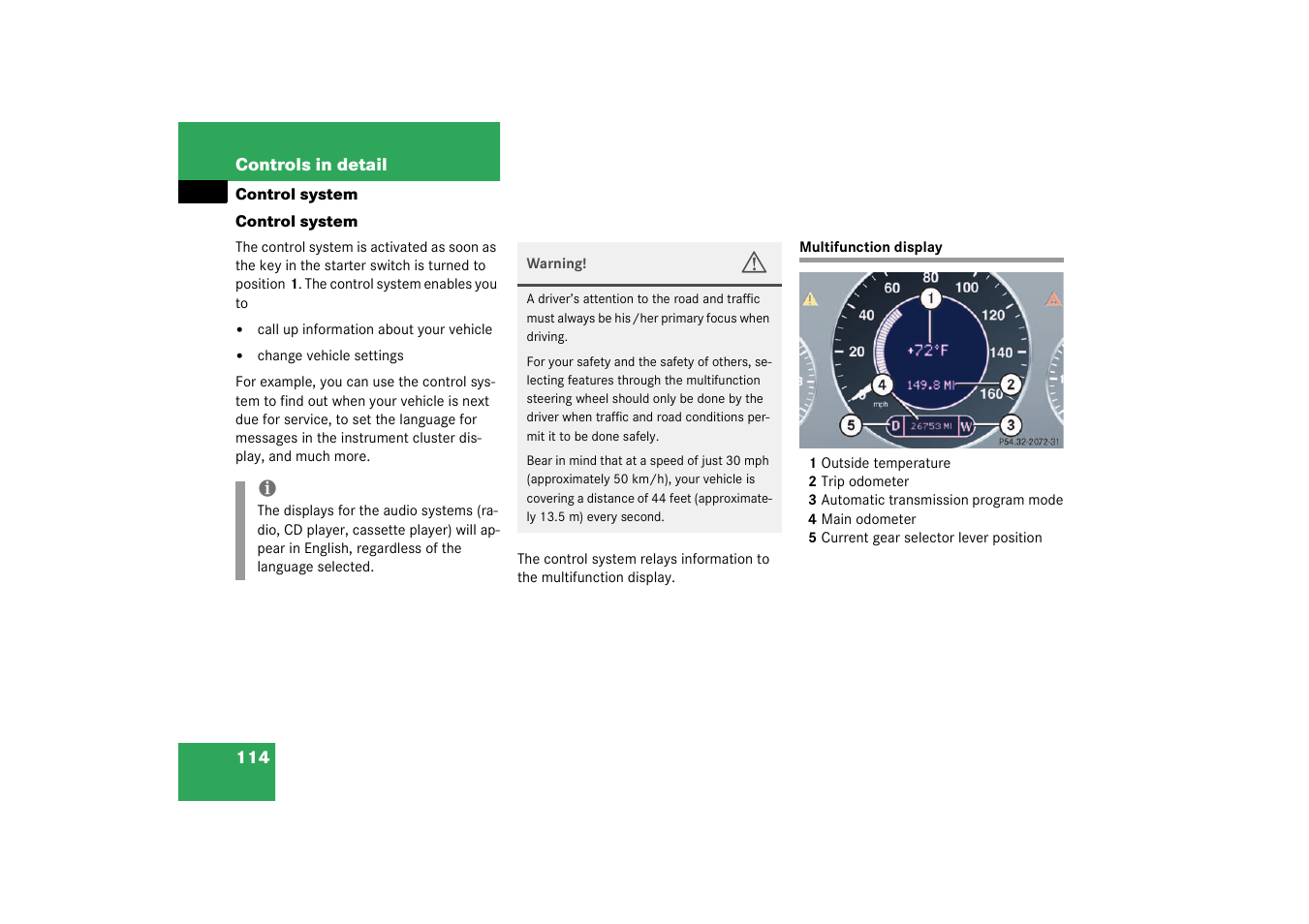 Control system, Multifunction display | Mercedes-Benz 2003 CLK 500 User Manual | Page 114 / 394