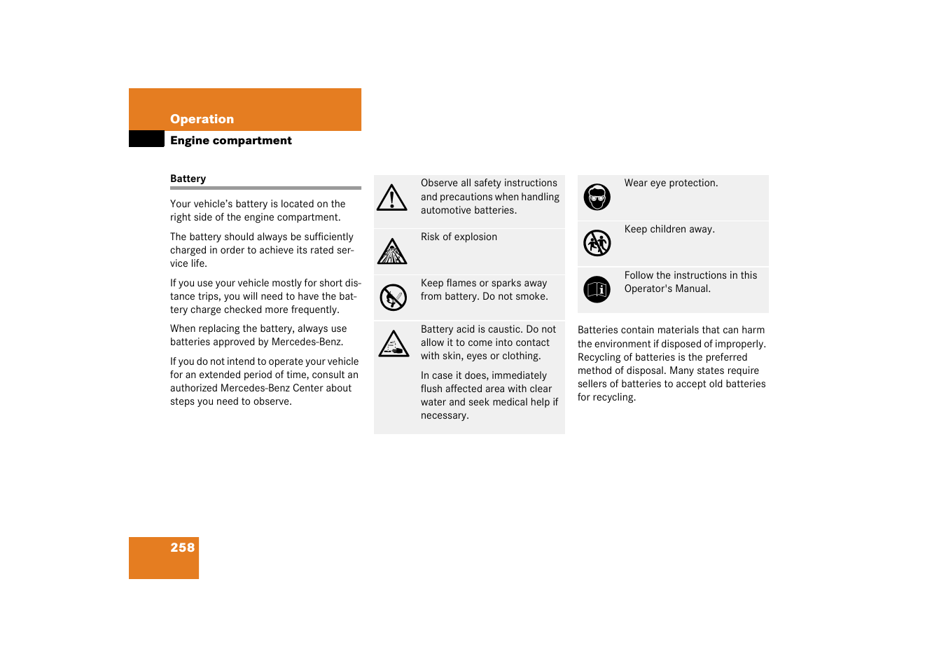 Battery, vehicle, Battery | Mercedes-Benz 2003 CLK 500 User Manual | Page 258 / 394