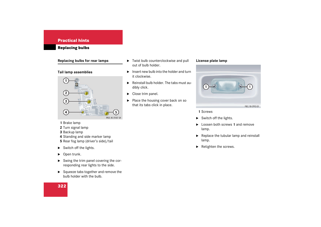 Replacing bulbs for rear lamps | Mercedes-Benz 2003 CLK 500 User Manual | Page 322 / 394