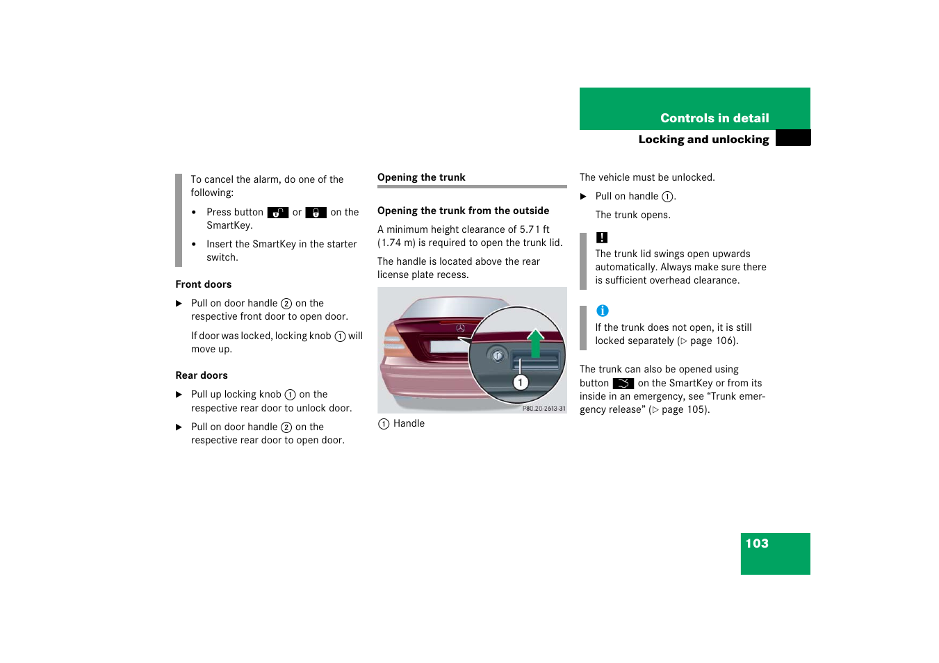 Trunk lid release switch, Opening the trunk | Mercedes-Benz 2006 C-Class User Manual | Page 104 / 474