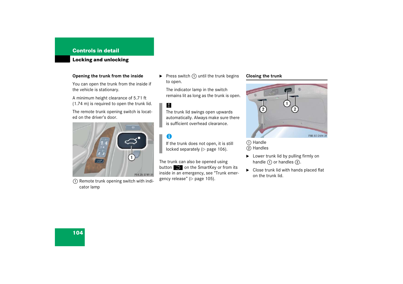Trunk:closing the lid, Closing the trunk | Mercedes-Benz 2006 C-Class User Manual | Page 105 / 474
