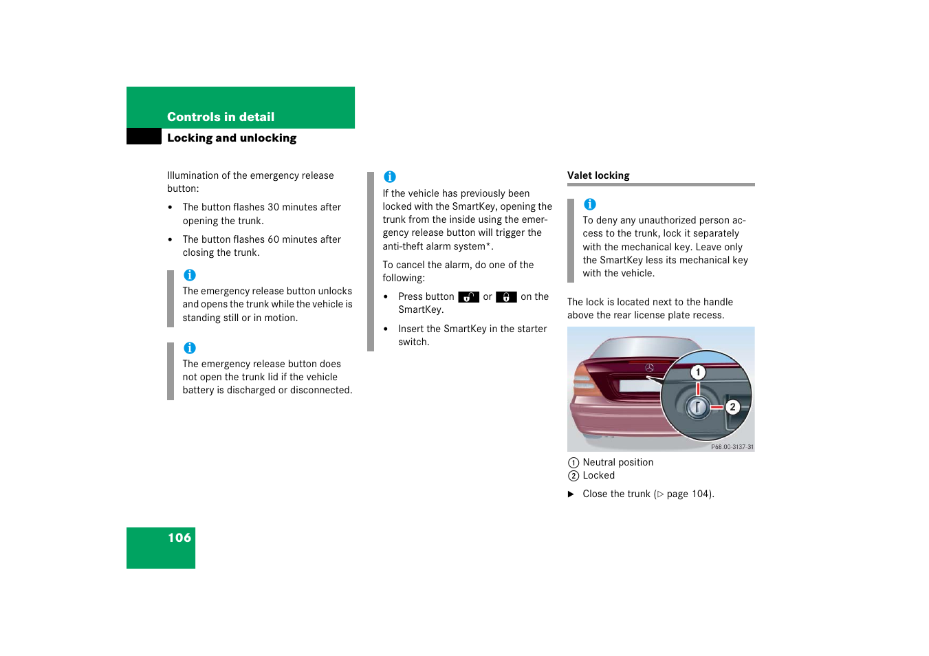 Valet locking | Mercedes-Benz 2006 C-Class User Manual | Page 107 / 474