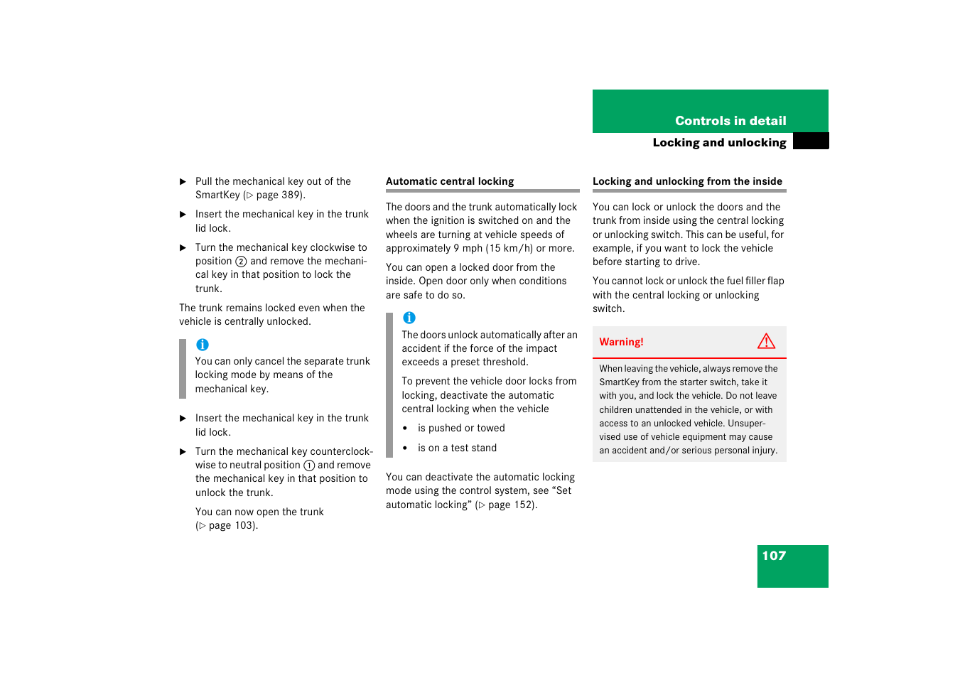 Automatic locking when driving, Central locking:from inside | Mercedes-Benz 2006 C-Class User Manual | Page 108 / 474