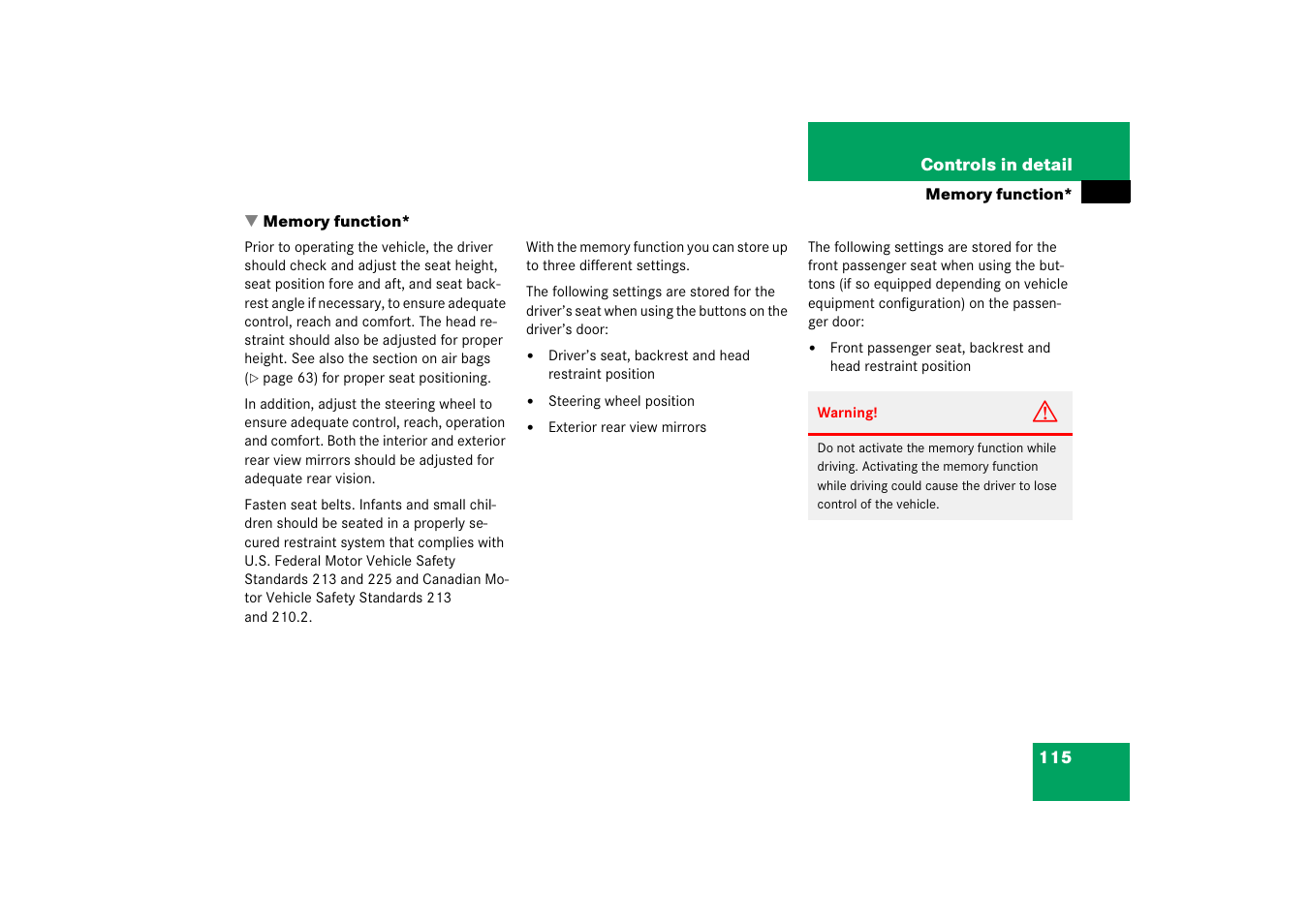 Memory function | Mercedes-Benz 2006 C-Class User Manual | Page 116 / 474