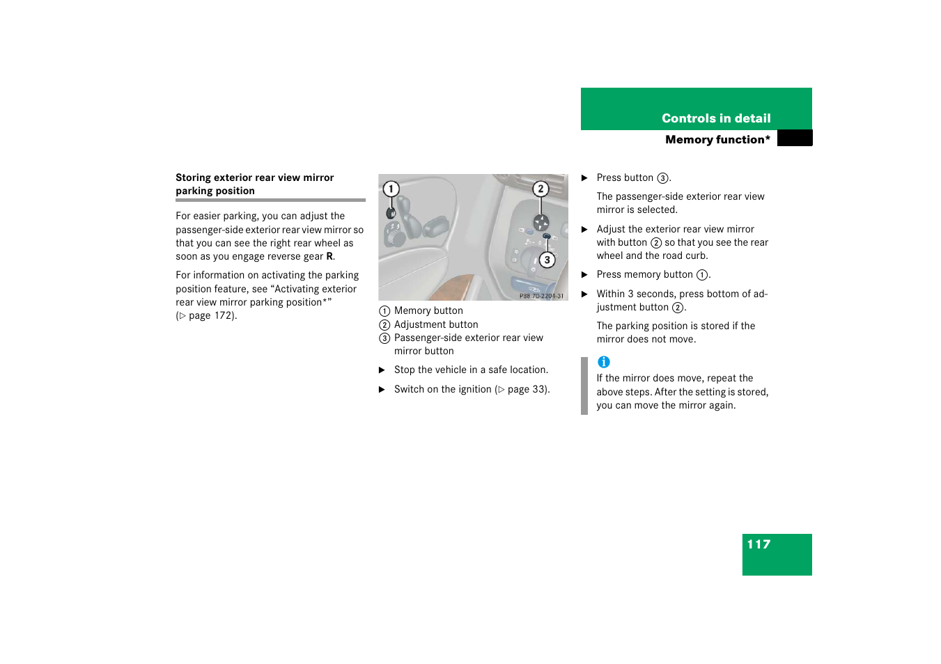 Storing exterior rear view mirror parking position | Mercedes-Benz 2006 C-Class User Manual | Page 118 / 474