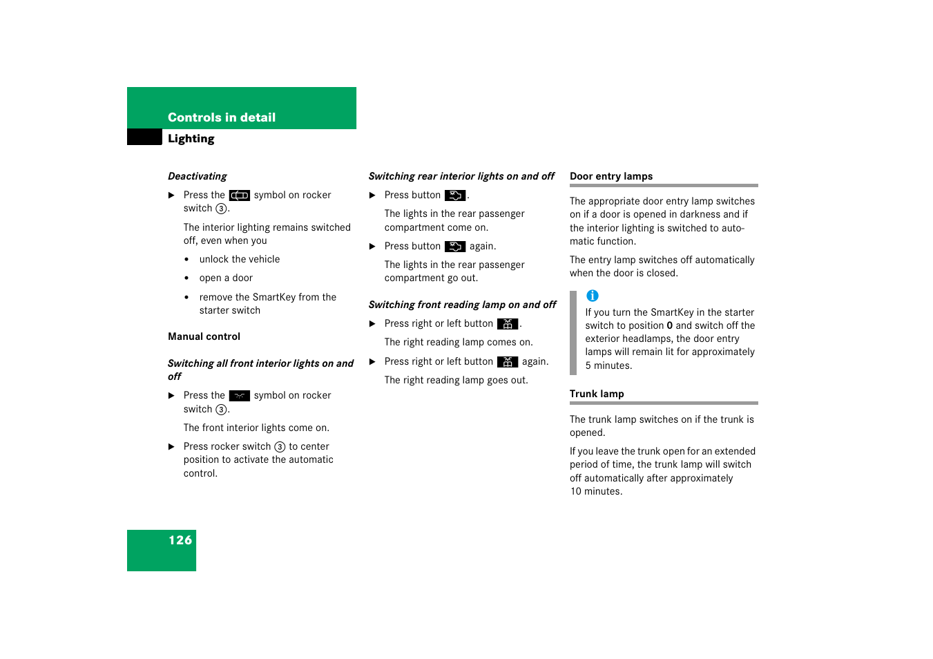Doors:entry lamps, Trunk:lamp, Door entry lamps trunk lamp | Mercedes-Benz 2006 C-Class User Manual | Page 127 / 474