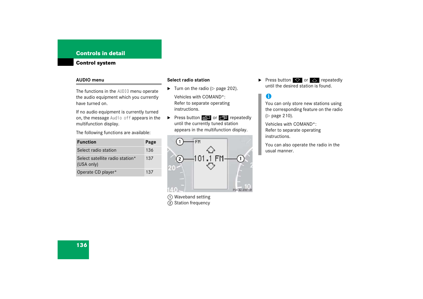 Control system menu:audio, Audio menu | Mercedes-Benz 2006 C-Class User Manual | Page 137 / 474