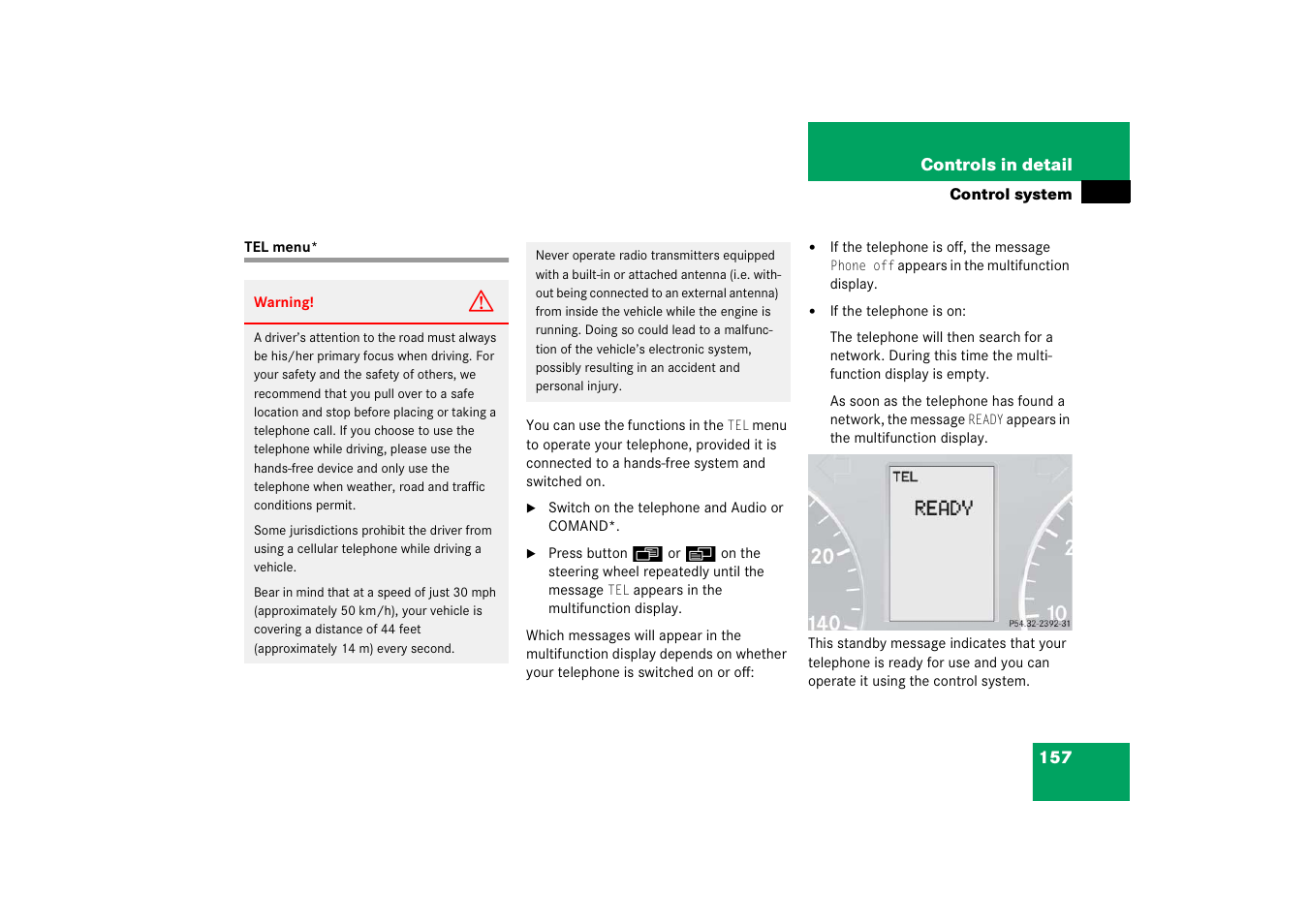 Control system menu:tel, Tel menu | Mercedes-Benz 2006 C-Class User Manual | Page 158 / 474