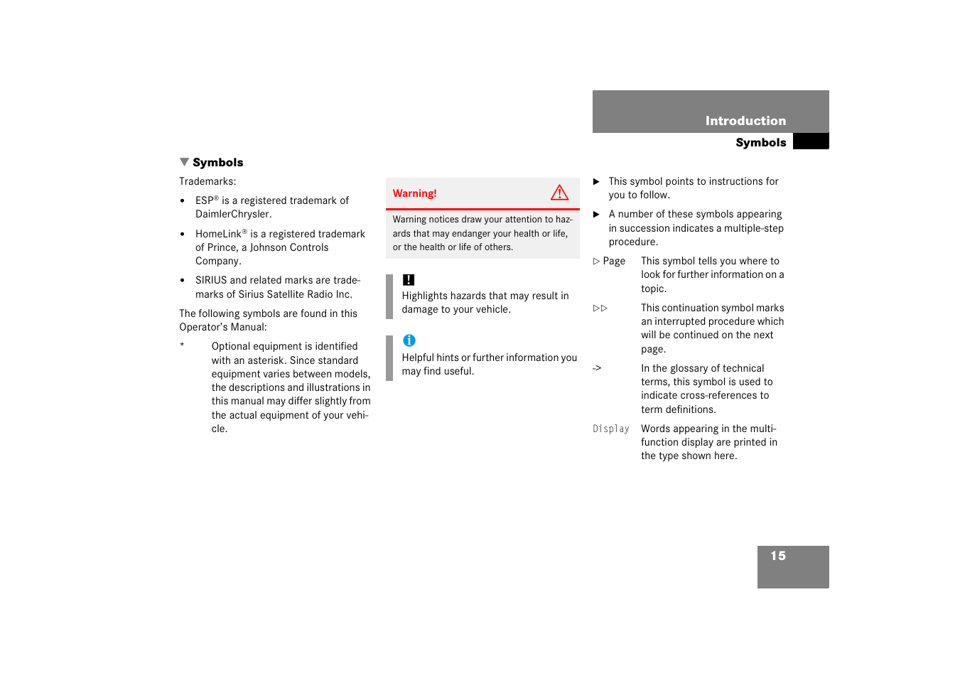 Symbols used in this operator’s manual, Symbols | Mercedes-Benz 2006 C-Class User Manual | Page 16 / 474