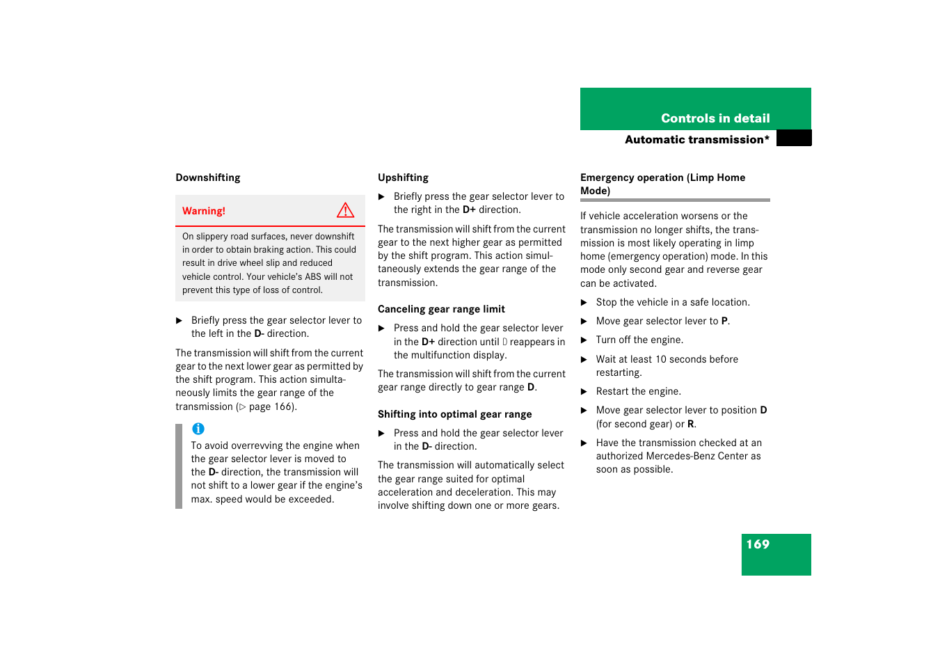 Automatic transmission*:gear shifting malfunctions, Emergency operation (limp home mode) | Mercedes-Benz 2006 C-Class User Manual | Page 170 / 474