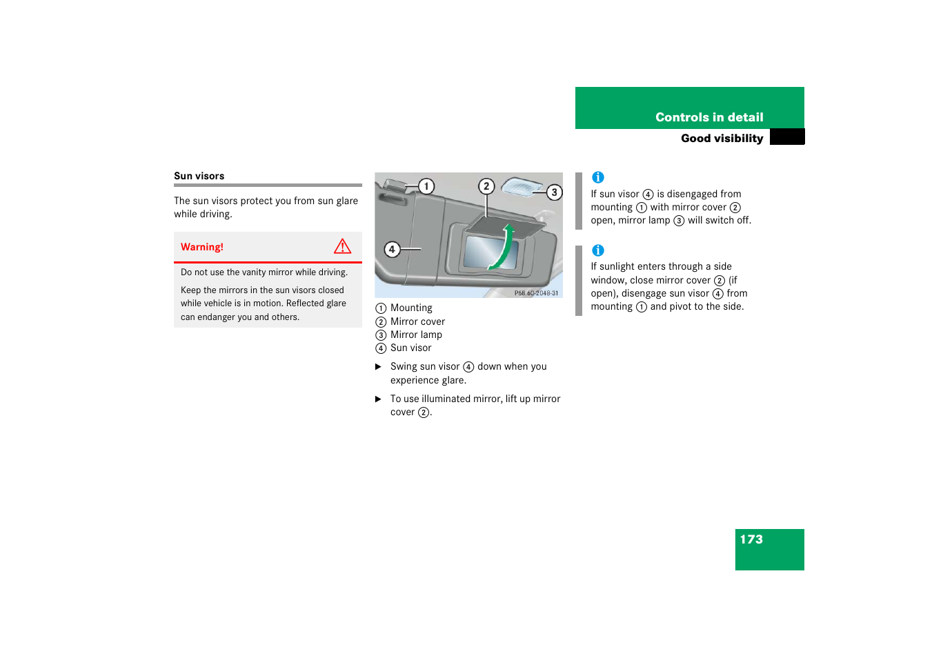 Sun visors | Mercedes-Benz 2006 C-Class User Manual | Page 174 / 474
